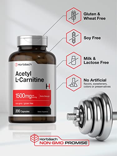 Acetyl L-Carnitine 1500mg | 200 Capsules | Extra Strength ALCAR Supplement | Non-GMO Horbäach