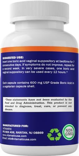 Vitamatic Boric Acid Vaginal Suppositories 600 mg USP Grade Boric Acid in Vegetarian Capsule Shell - 60 Count