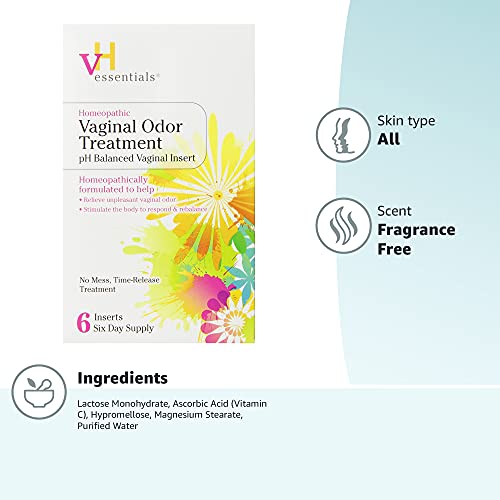 vH essentials Vaginal Odor Treatment - pH Balanced Vaginal Suppositories - 6 Tablets With Applicator, White vH essentials