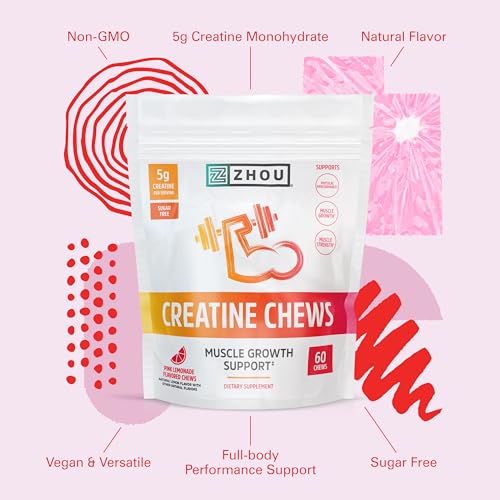 Zhou Nutrition Creatine Monohydrate Chewables 5g for Men & Women, Sugar Free Zhou Nutrition