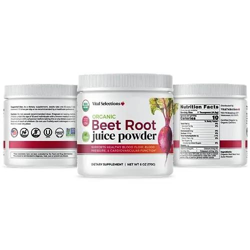 Vital Selections 100% Organic Beet Root Juice Powder, Highest Purity and Potency, USA Grown, Superior Beet Drying Technology, Maximum Nitric Oxide Boost for Cardio Support and Athletic Performance