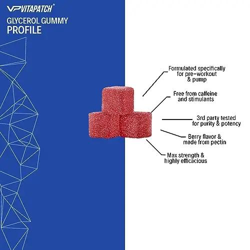 VitaPatch Premium Grade Glycerol Gummies Stim Free Pre Workout - Intense Pump Supplement - Glycerol Monostearate Formula - Hydrating Pre-Workout Gummy Formula - Caffeine Free - 120 Gummies