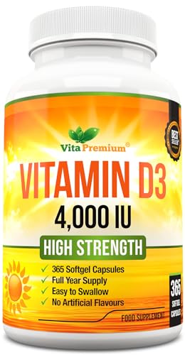 Vitamin D 4,000 IU Softgels, Maximum Strength Vitamin D3 Supplement, 365 Easy to Swallo Vita Premium