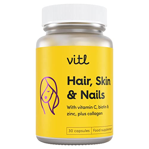VITL Hair, Skin & Nails + Collagen, A dose of Classic Complexion Heroes Such as Collagen, Vitamin E, Biotin and Zinc | 30 Capsules VITL