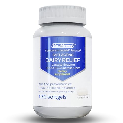 ValuMeds Fast Acting Dairy Relief Lactose Enzymes, 120 Softgels, Help Prevent Gas