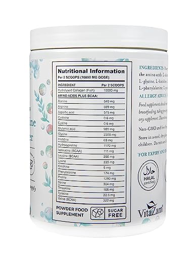 Vitazam Pure Marine Collagen Powder - 100% Hydrolysed Collagen Peptides for Hair Skin and Nails VitaZam