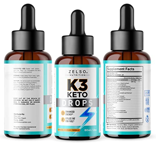 (3 Pack) K3 Keto Drops for Weight Loss - Fat Burner & Metabolism Booster | Advanced Keto ZELSO
