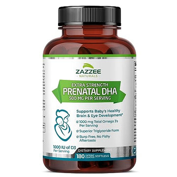 Zazzee Extra Strength Prenatal DHA 500 mg, 180 Enteric Coated Softgels, 1000 mg Omega 3’s