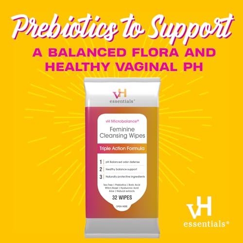vH essentials Feminine Cleansing Wipes - pH Balanced, Prebiotics, Tea Tree & Aloe, Soothing Witch Hazel vH essentials