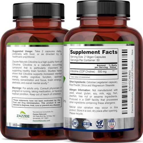 Zazzee Extra Strength Citicoline CDP Choline, 500 mg per Serving, 100 Vegan Capsules Zazzee