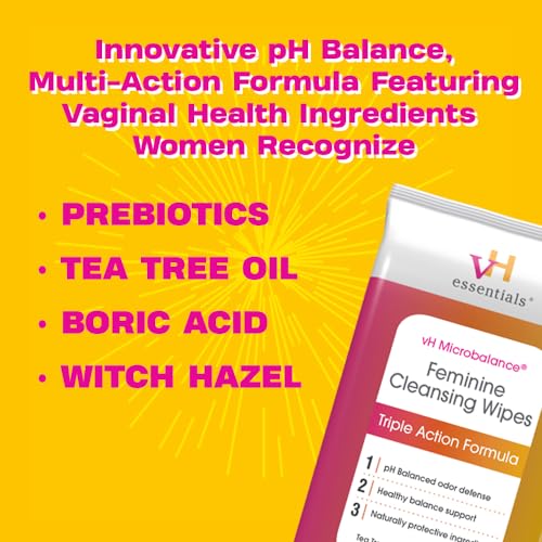 vH essentials Feminine Cleansing Wipes - pH Balanced, Prebiotics, Tea Tree & Aloe, Soothing Witch Hazel vH essentials