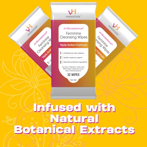 vH essentials Feminine Cleansing Wipes - pH Balanced, Prebiotics, Tea Tree & Aloe, Soothing Witch Hazel vH essentials