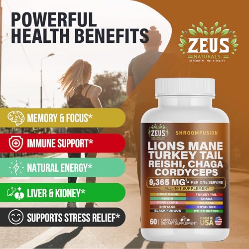 Zeus Naturals Lions Mane Capsules, Mushroom Supplement with Turkey Tail, Cordyceps Zeus Naturals