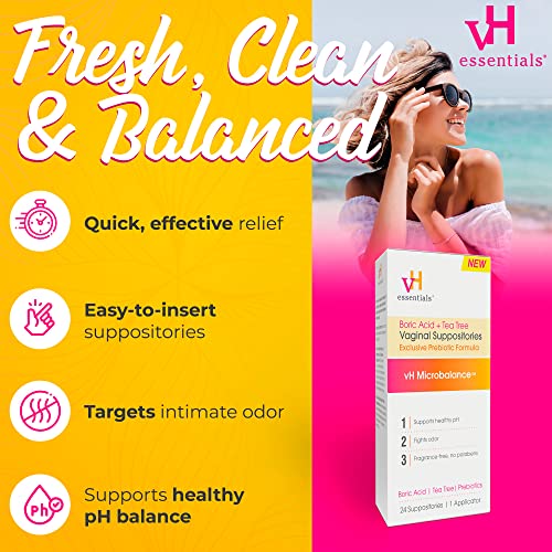 vH essentials Boric Acid + Tea Tree Vaginal Suppositories - Prebiotics Formula with Lactic Acid vH essentials