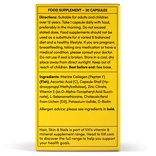 VITL Hair, Skin & Nails + Collagen, A dose of Classic Complexion Heroes Such as Collagen, Vitamin E, Biotin and Zinc | 30 Capsules VITL