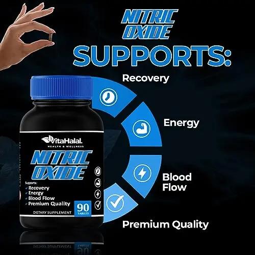 VitaHalal Nitric Oxide Supplement - Powerful Nitric Oxide Booster for Men to Support Blood Pressure, Healthy Blood Flow, Supplement for Men - Natural Energy Boost, L-Arginine Non-GMO Capsules