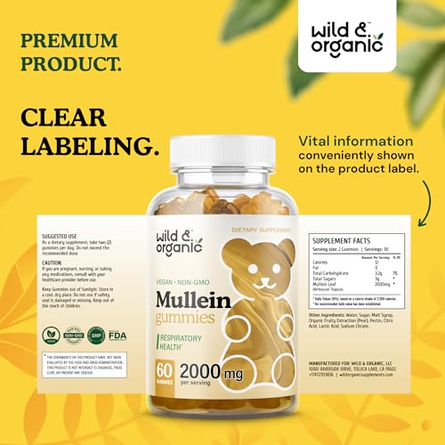 Wild & Organic Mullein Gummies - Daily Dietary Supplement for Respiratory, Digestive Wild & Organic
