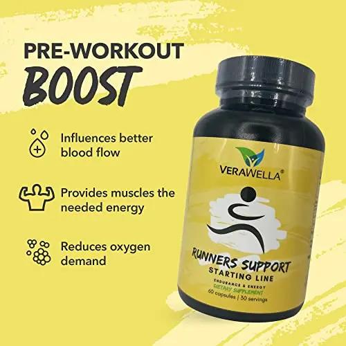 VeraWella - Runners Support Starting Line, Nitric Oxide Booster with L-Arginine, L Citrulline Malate, & Beet Root Powder, Supports Optimal Blood Flow, Endurance and Stamina, 60 Capsules
