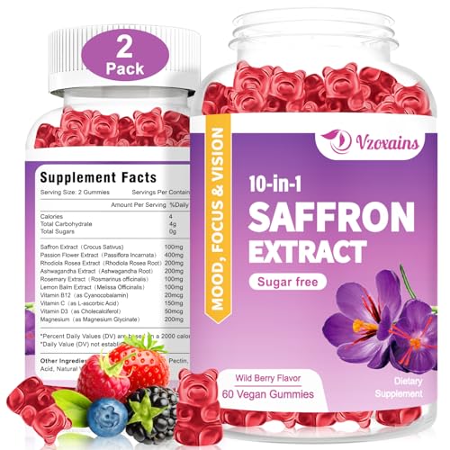 VZOXAINS 2 Pack Saffron Supplement Gummies, Sugar Free Saffron Extract with Magnesium