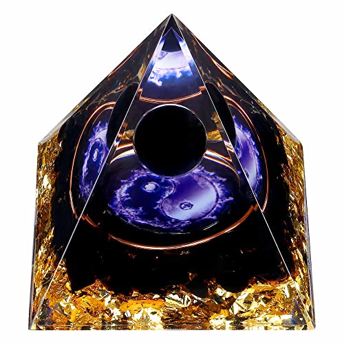 Yin Yang Healing Crystal Orgonite Pyramid - Tai Chi with Obsidian Ball - Taiji Reiki Chakra Meditation FENGSHUI-CAISHEN