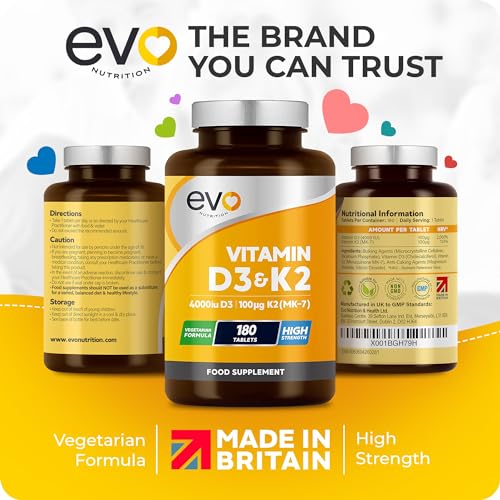 Vitamin D3 4000iu & Vitamin K2 100ug (MK7) |180 Vegetarian Tablets | 1-A-Day | 6 Month EVO NUTRITION
