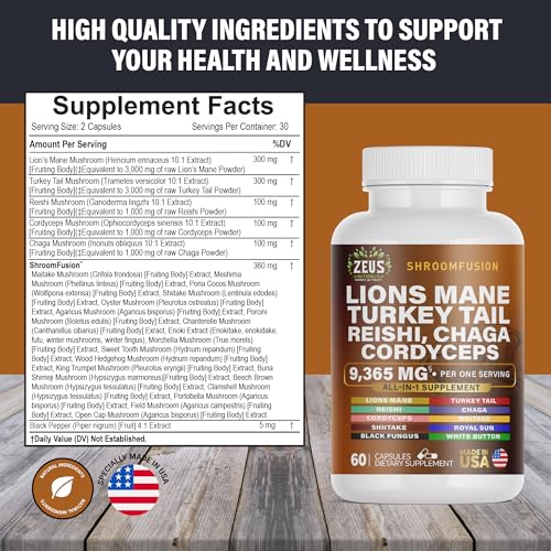 Zeus Naturals Lions Mane Capsules, Mushroom Supplement with Turkey Tail, Cordyceps Zeus Naturals