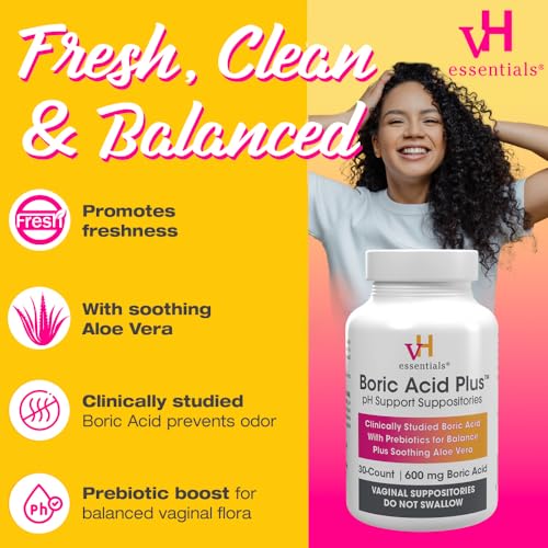 vH essentials Boric Acid Plus Vaginal Suppositories, Prebiotic Infused with Soothing Aloe Vera, pH vH essentials