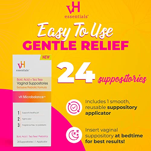 vH essentials Boric Acid + Tea Tree Vaginal Suppositories - Prebiotics Formula with Lactic Acid vH essentials