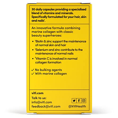 VITL Hair, Skin & Nails + Collagen, A dose of Classic Complexion Heroes Such as Collagen, Vitamin E, Biotin and Zinc | 30 Capsules VITL