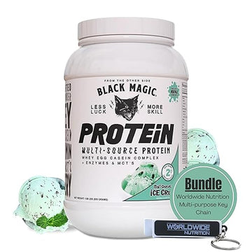 Worldwide Nutrition Bundle, 2 Items: Black Magic Multi-Source Protein Powder - Whey, Egg Albumin Enzymes, Micellar Casein & MCTs - Muscle Mass Gaining - Mint Chocolate Flavor - 2 LB and Keychain Worldwide Nutrition