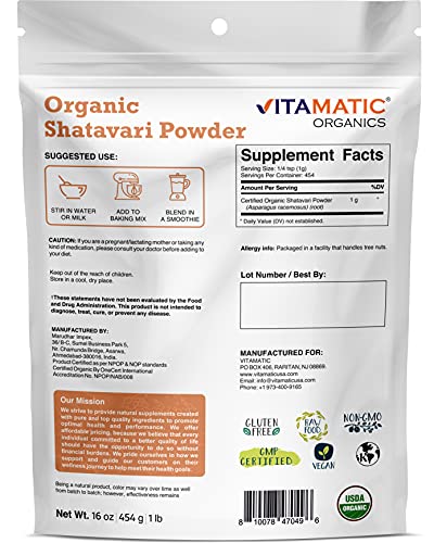 Vitamatic Certified USDA Organic Shatavari Powder 1 Pound (16 Ounce) Vitamatic