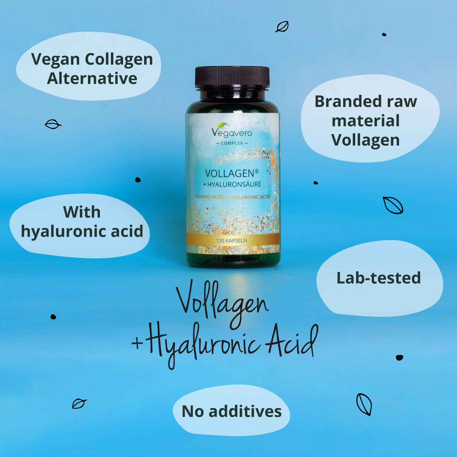 Vegavero Vegan Collagen Complex + Hyaluronic Acid | NO Additives | Vegan Collagen Powder Vollagen® | Essential Amino Acids | 120 Capsules Vegavero