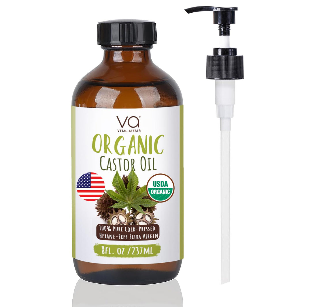 VITAL AFFAIR Castor Oil Organic Cold Pressed Unrefined Glass Bottle- USDA Certified Organic Castor Oil