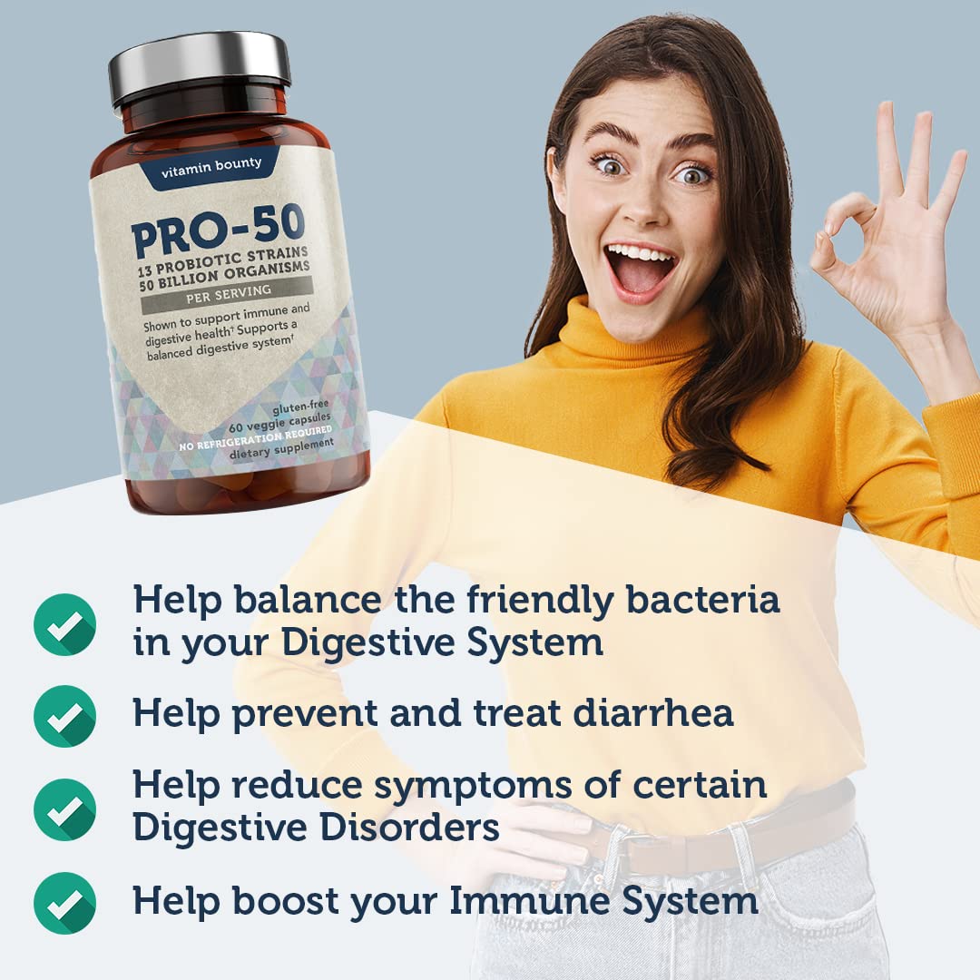 Vitamin Bounty Pro-50 Probiotics - 13 Probiotic Strains, Gut Health, Digestive Health Vitamin Bounty