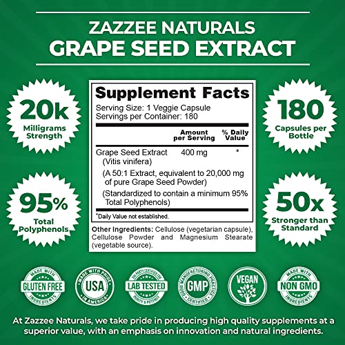 Zazzee High Strength Grape Seed 50:1 Extract, 20,000 mg Strength, 180 Vegan Capsules Zazzee