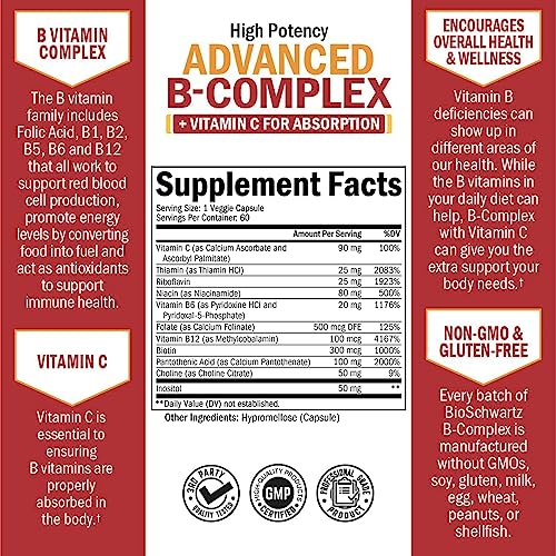 Vitamin B Complex with Vitamin C for Maximum Absorption - Methylcobalamin b12 BioSchwartz