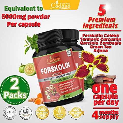 2 Packs Organic Forskolin Supplements Capsules 5000mg with Turmeric, Arjuna, Garcinia Cambogia Organic Cadane