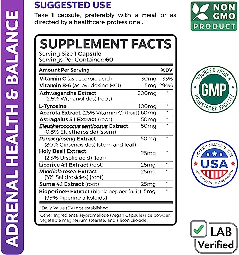 Adrenal Support & Cortisol Manager (Non-GMO) Powerful Adrenal Health with L-Tyrosine Healths Harmony