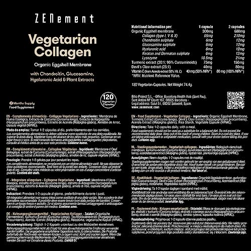 Vegetarian Collagen, from Organic Eggshell Membrane, 120 Capsules | with Glucosamine, Chondroitin, Hyaluronic Acid and Plant Extracts Zenement