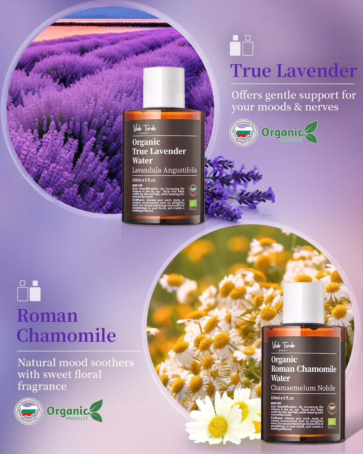 VTS Organic Lavender Water and Roman Chamomile Floral Water with Diffuser, Aromatherapy Air VEDA TINDA SCENT