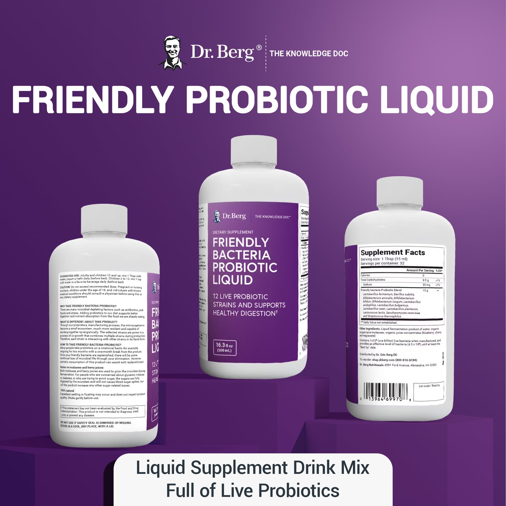 Dr. Berg's Friendly Probiotic Liquid Supplement Drink Mix w/ 12 Live Probiotics Strains Dr. Berg Nutritionals