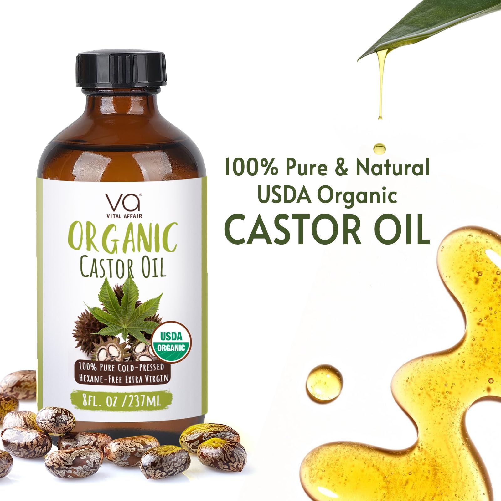 VITAL AFFAIR Castor Oil Organic Cold Pressed Unrefined Glass Bottle- USDA Certified Organic Castor Oil VITAL AFFAIR
