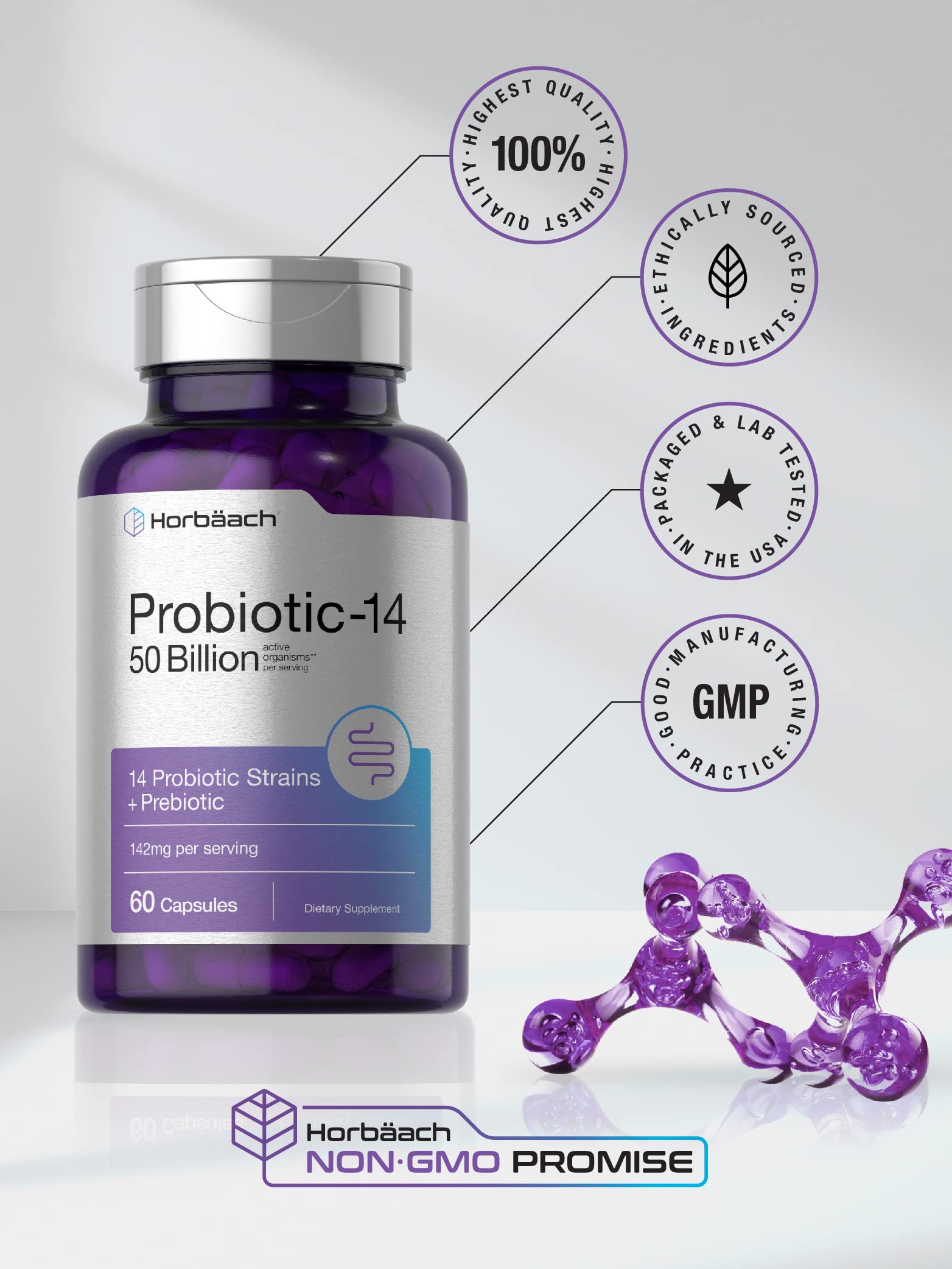 Horbäach Probiotics with Prebiotics | 60 Capsules | 50 Billion Active Organisms | Non-GMO Horbäach