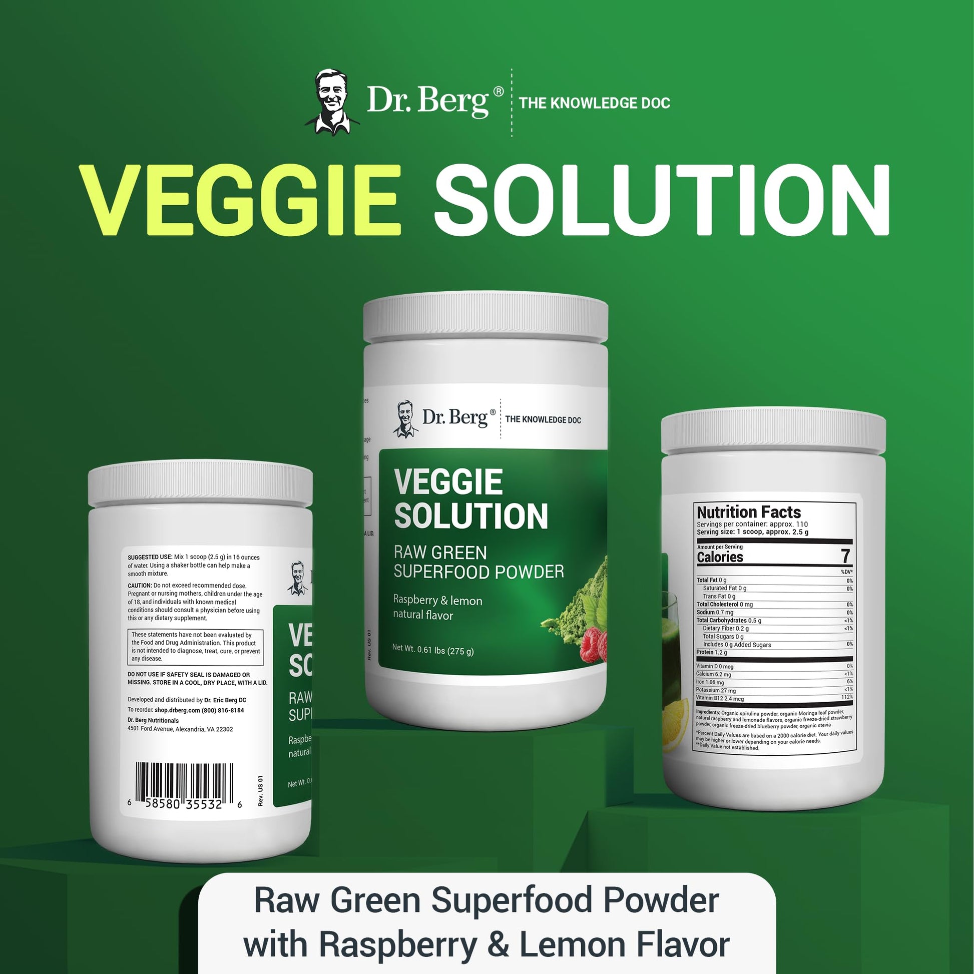 Dr. Berg's (Veggie Solution) Organic Super Greens Powder w/Spirulina - Raw Green Dr. Berg Nutritionals