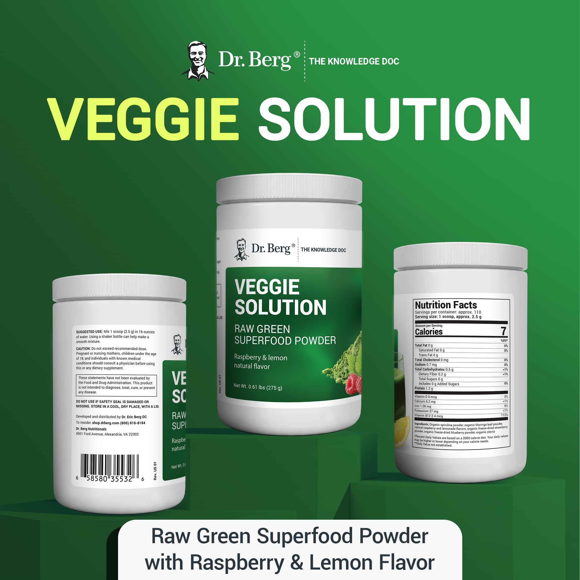 Dr. Berg's (Veggie Solution) Organic Super Greens Powder w/Spirulina - Raw Green Dr. Berg Nutritionals