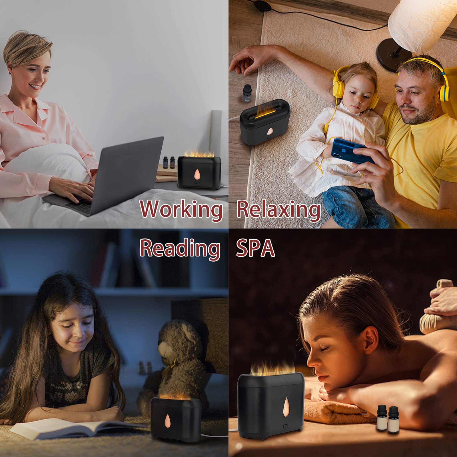 200ml Small Ultrasonic Aroma Diffusers with Flame Light (Black) Phimuezl