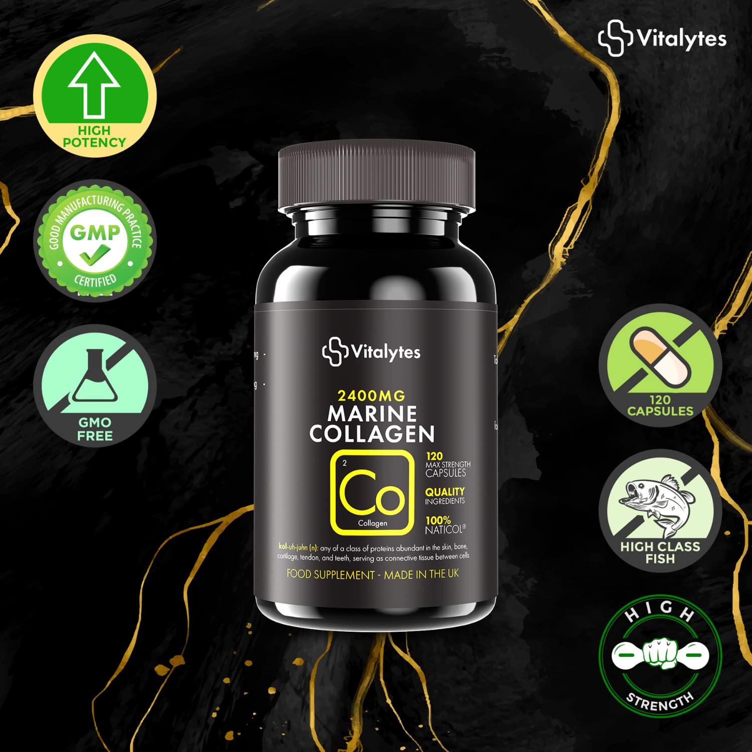 Vitalytes Marine Collagen Supplement 2400mg | 120 Marine Collagen Capsules Made in The UK Vitalytes