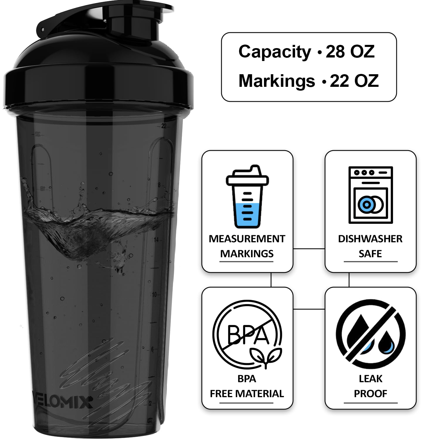 VELOMIX -4 PACK- Protein Shaker Bottles for Protein Mixes, 28 OZ Shaker Cups for Protein Shakes VELOMIX