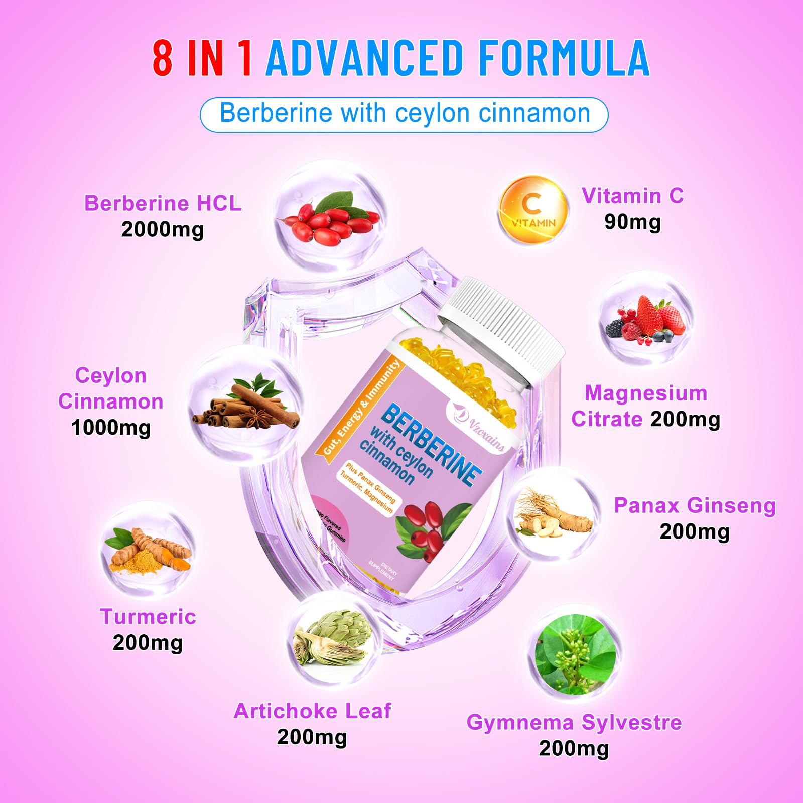 2 Pack Berberine with Ceylon Cinnamon Gummies, 2000mg High Potency Berberine HCI VZOXAINS