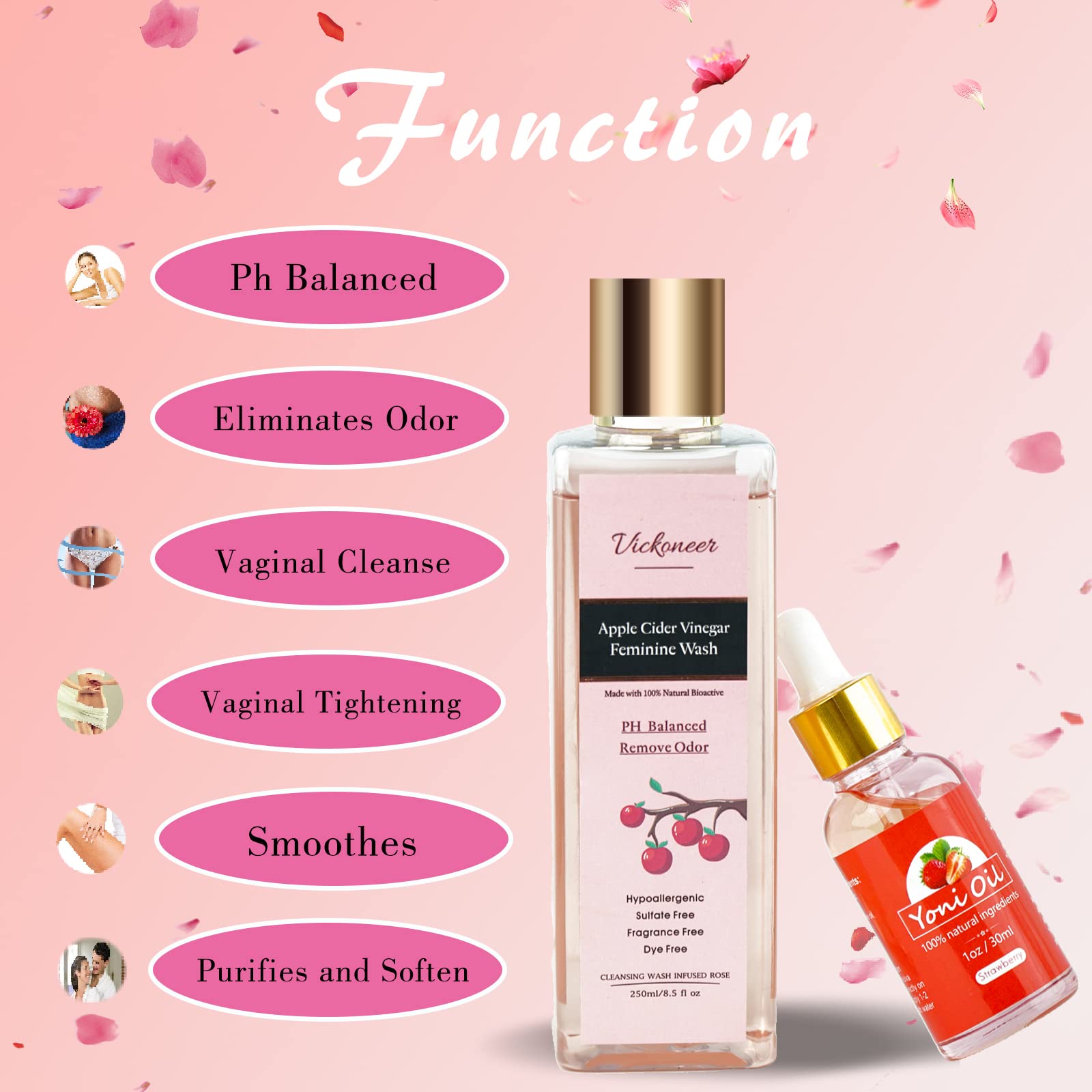 Vickoneer Yoni Wash for Women & Yoni Essential Oil, Intimate Feminine Wash Yoni Care Vickoneer